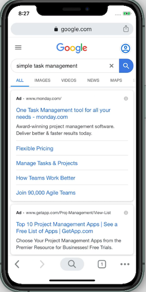 Przykład wydatków na reklamę mobilną w wyszukiwarce Google w poniedziałek