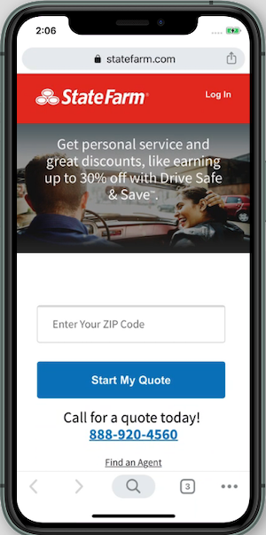 wydatki na reklamy mobilne State Farm strona docelowa po kliknięciu