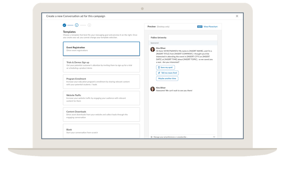 Шаблоны разговорной рекламы в LinkedIn