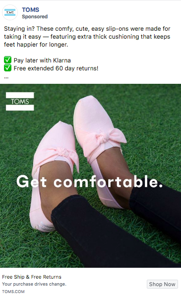 Пример рекламной кампании COVID-19 TOMS в Facebook