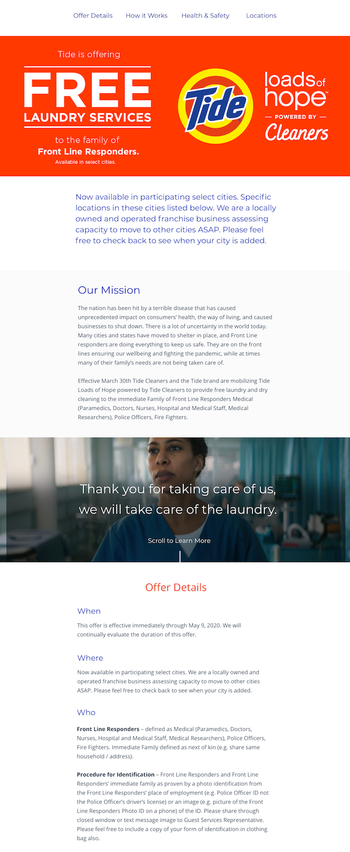 Tide Cleaners 무료 세탁 방문 페이지