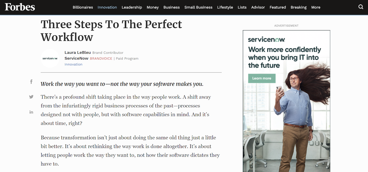 контентная реклама, нативный пример Forbes ServiceNow
