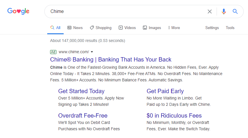 Branding-Suchanzeige für Chime-Zielseiten