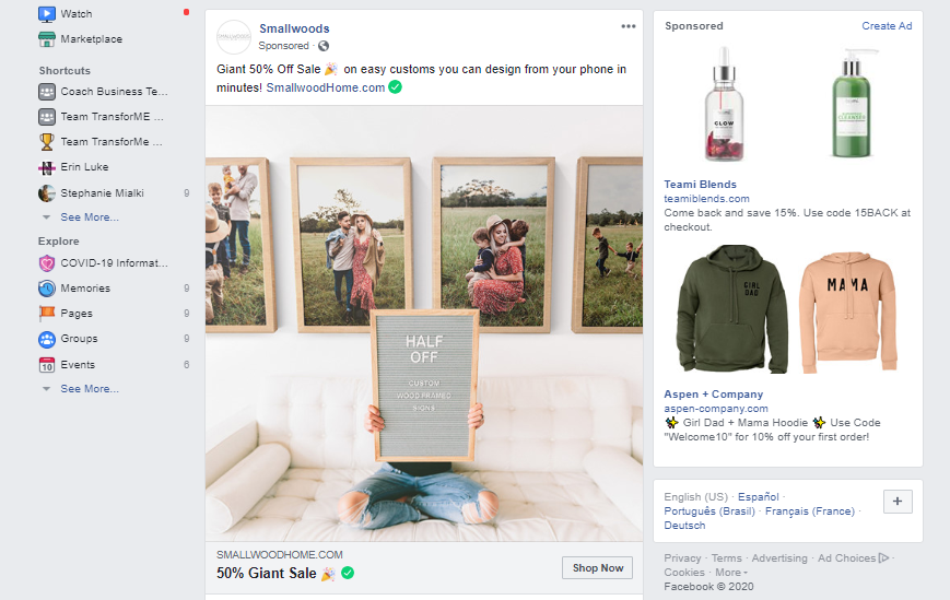 البحث مقابل الإعلانات الصورية على سبيل المثال Facebook