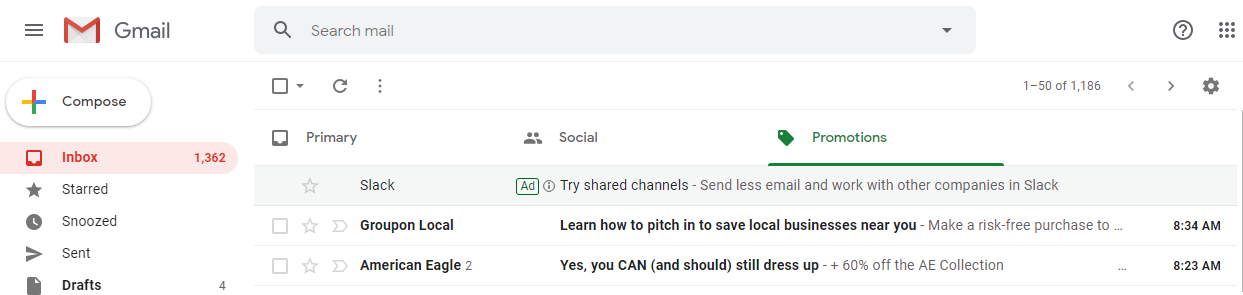 البحث مقابل الإعلانات الصورية مثال Gmail