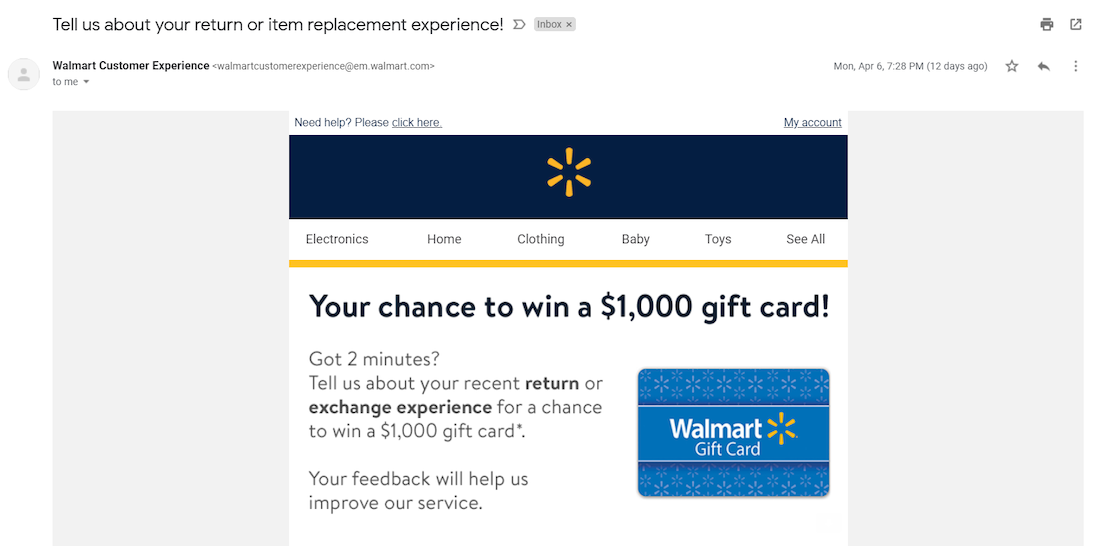 exemplu de recompensă pentru clientul de marketing conversațional Walmart