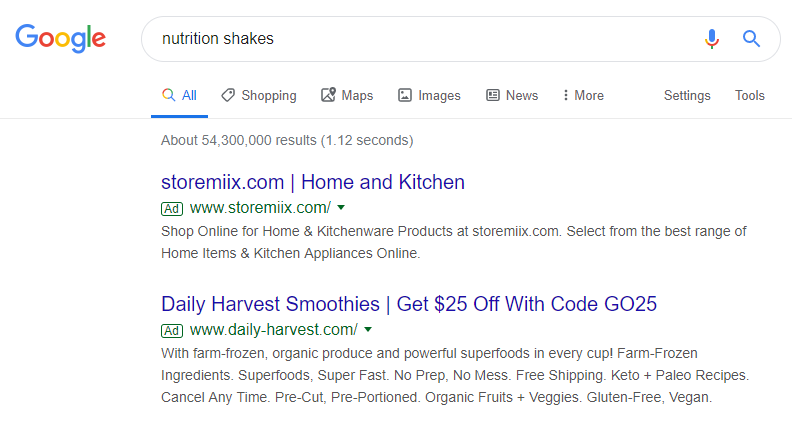 Daily Harvest Google 搜索广告