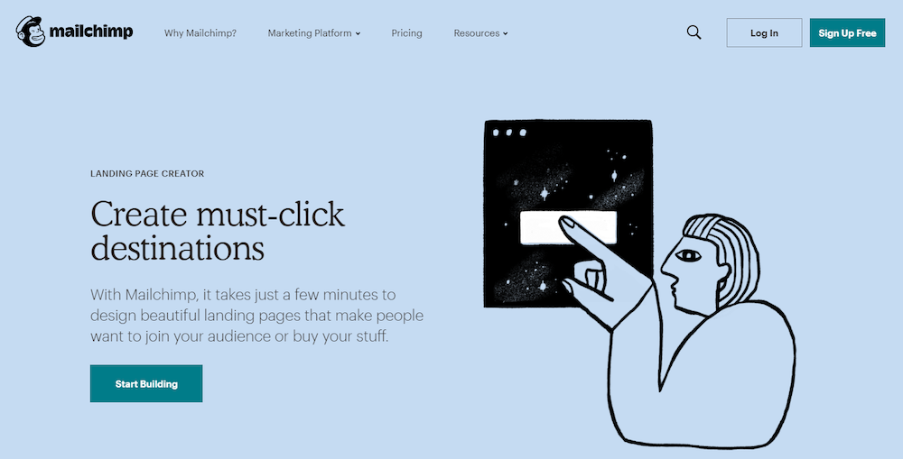 Examen de la page de destination du logiciel de marketing Mailchimp