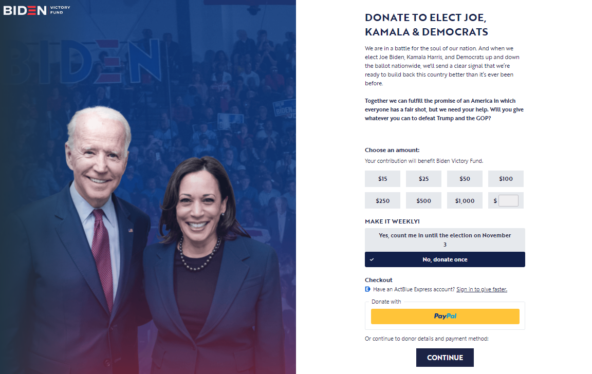 Pagina di destinazione della donazione di Biden