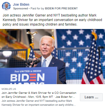 Contenuti sponsorizzati da Biden facebook