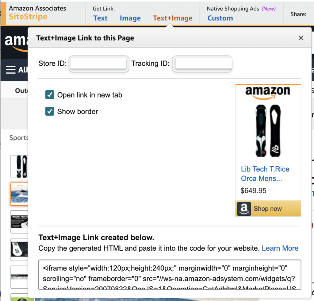 Wählen Sie das Linkformat aus der SiteStripe-Symbolleiste