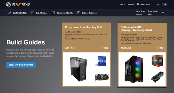 Website des Amazon-Partnerprogramms: PC Part Picker-Startseite