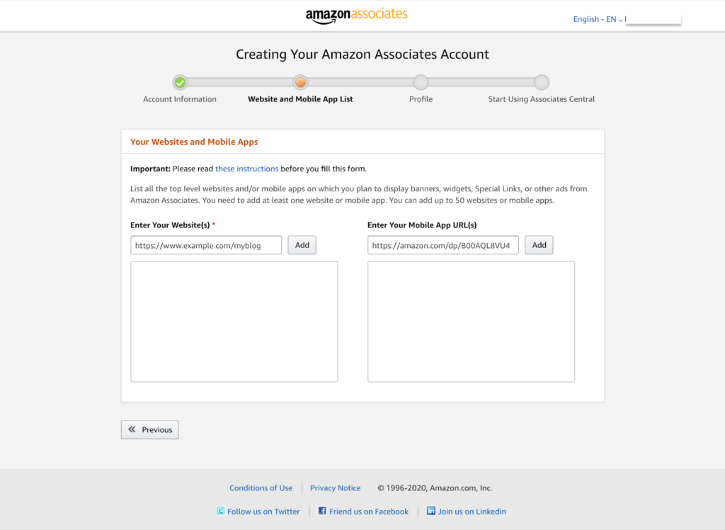 Erstellen Ihres Amazon Associates-Kontos