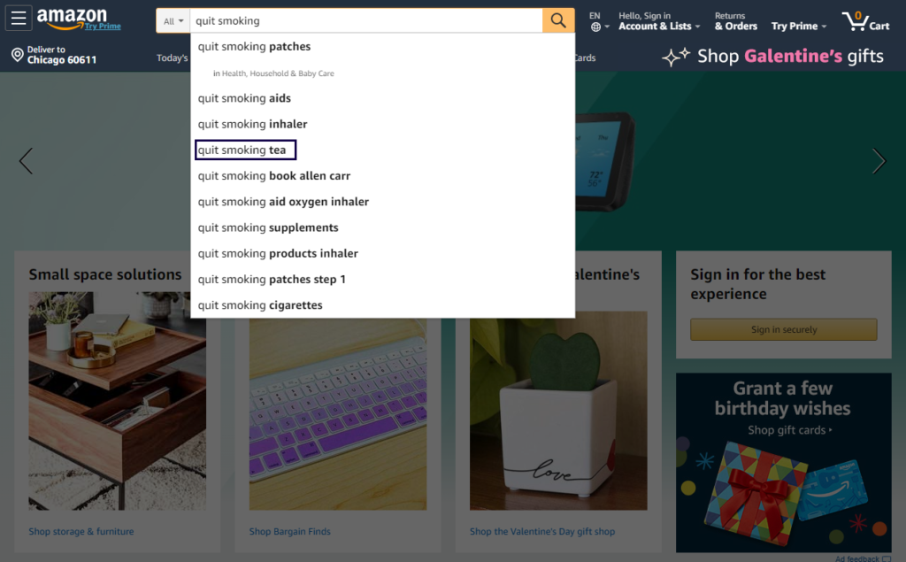 schreenshot di halaman utama Amazon dengan hasil pencarian untuk frasa "berhenti merokok"