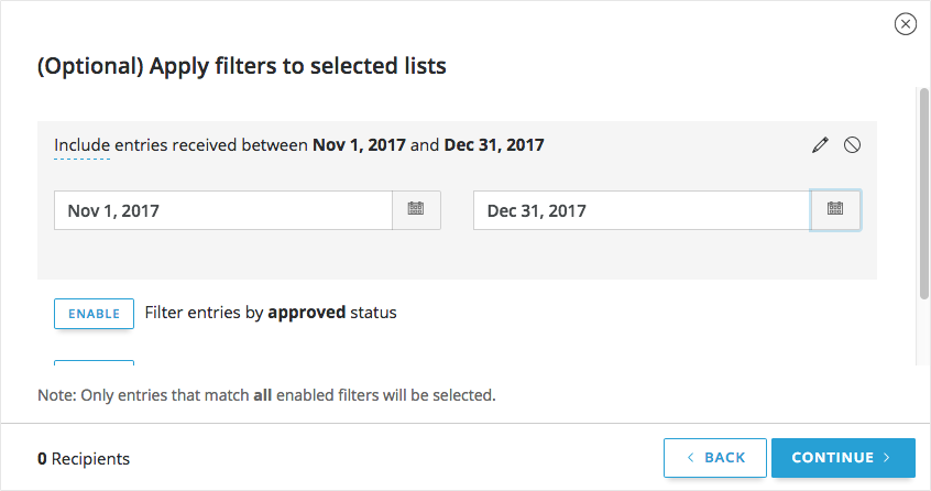 Filtrare le voci utilizzando il generatore di email di ShortStack