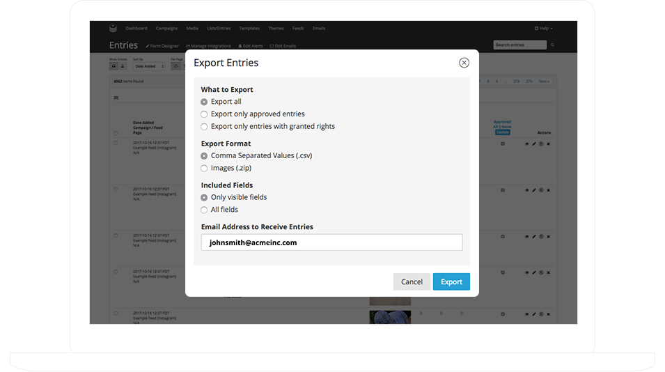 エントリのエクスポートの例