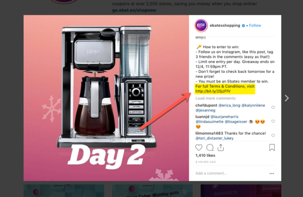 無視してはならないInstagramコンテストルールのコンテストルールを表示するための個別のWebサイト