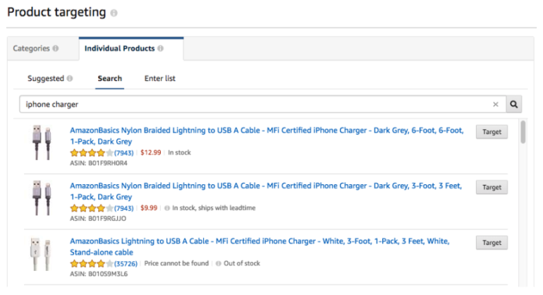 Categorii de direcționare a produselor Amazon