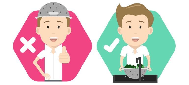 Uomo cartone animato che usa male uno scolapasta