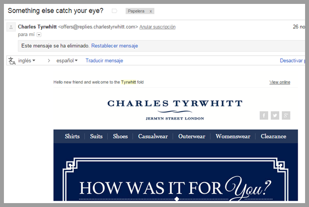 Ejemplo de autoresponder de tyrwhitt
