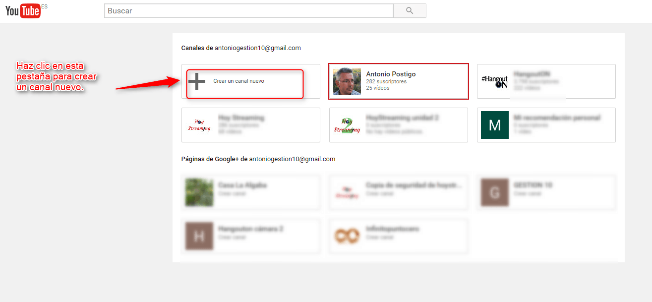 Laprimera opcion que te ofrece es la de crear un nuevo canal La primera opcion que te ofrece es la de crear un nuevo canal