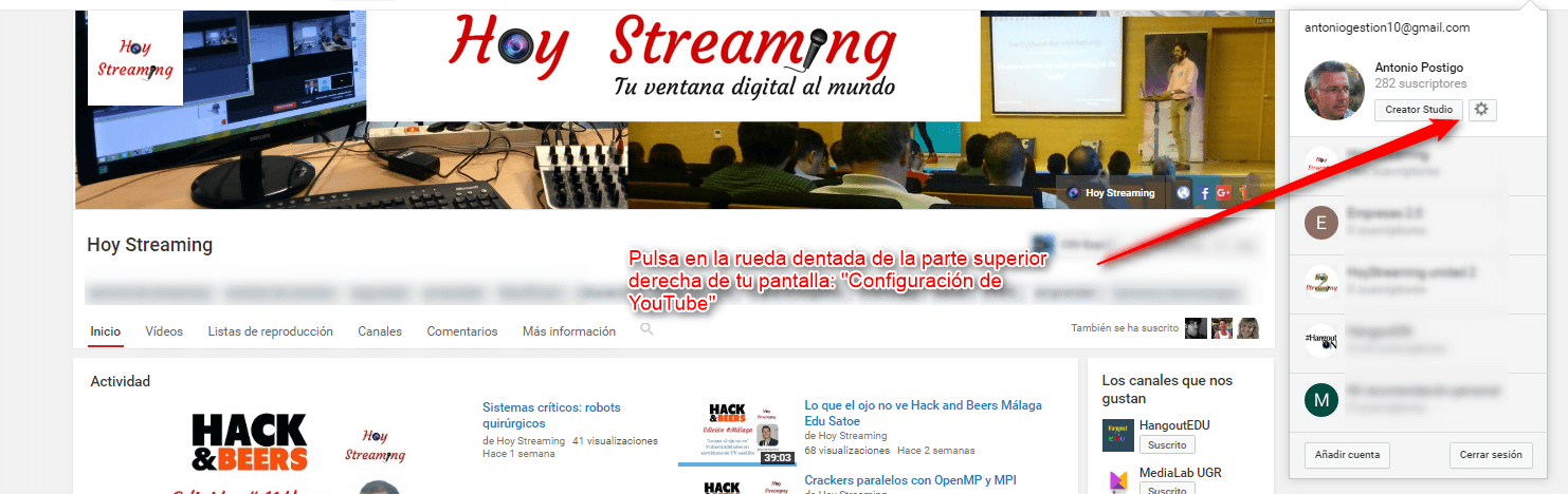 YouTubeの構成メニューの追加 Entra en el menu de configuracion de YouTube