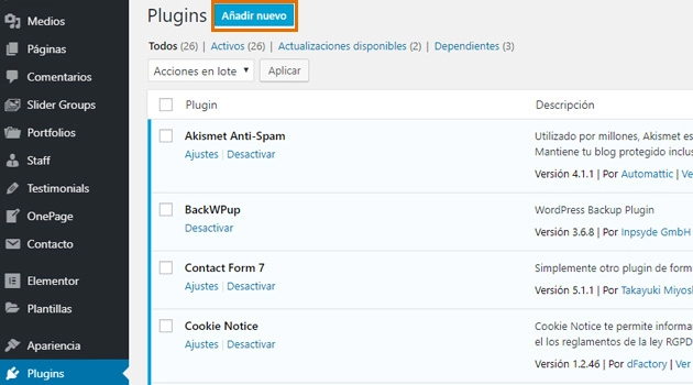 plugin dan klik hacer di “anadir nuevo” plugins y hacer clic en “anadir nuevo”