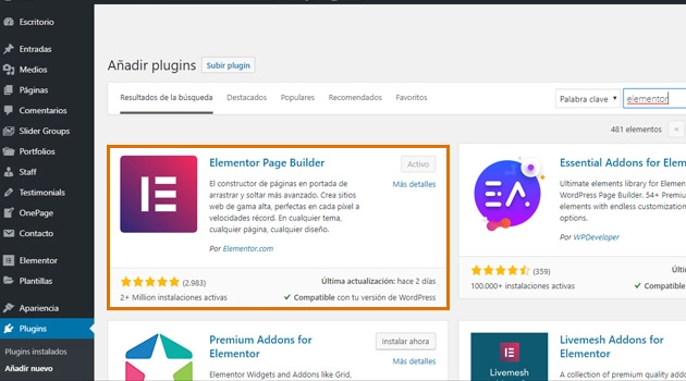 Busca en el repositorio dari WordPress “Elementor Page Builder” dan klik di Instalar. Busca en el repositorio de WordPress “Elementor Page Builder” y haz clic en Instalar.