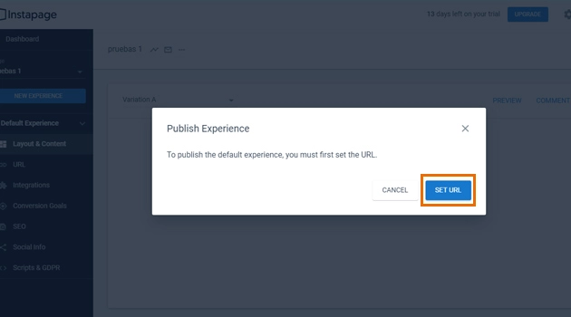 Para publicar de manera definitiva deberas configurar la URL de tu pagina