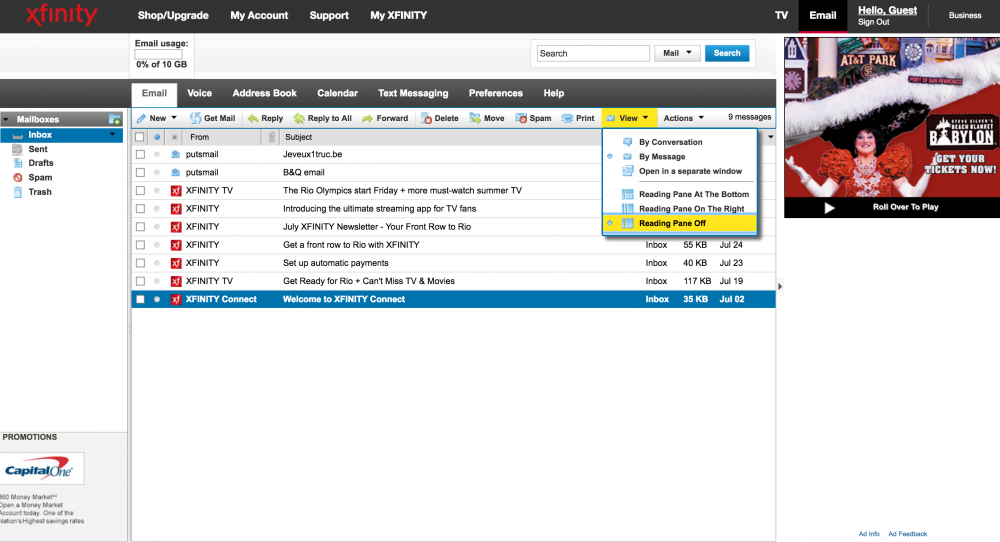 Vizualizare implicită a căsuței primite cu Panoul de citire dezactivat