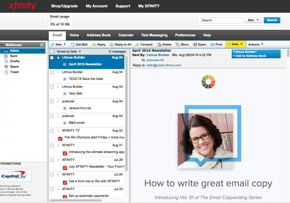 Vizualizare Inbox cu Panoul de citire în dreapta