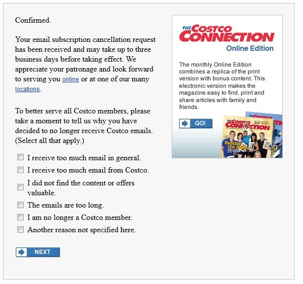 Опрос по отказу от подписки Costco Wholesale