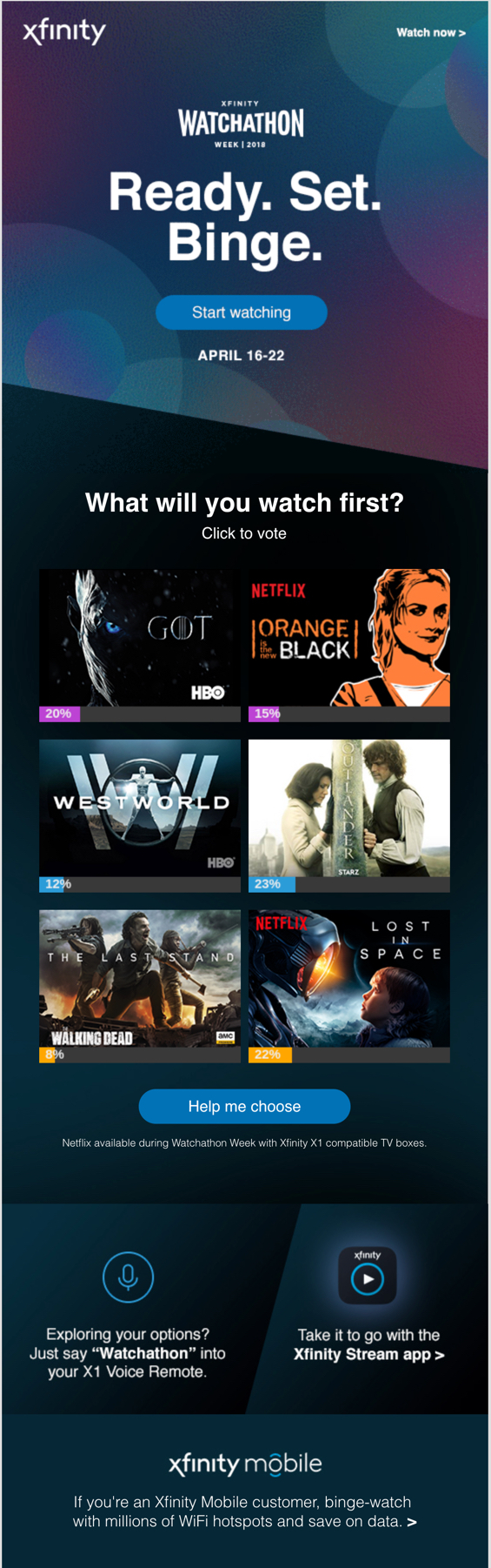 E-mail Xfinity z wynikami ankiety na żywo