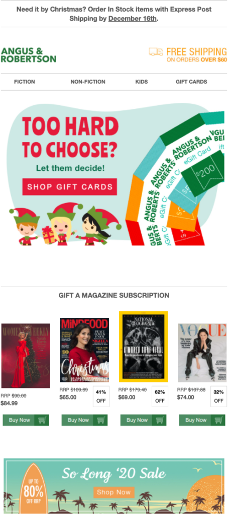 E-mail della carta regalo per le vacanze di Angus & Robertson