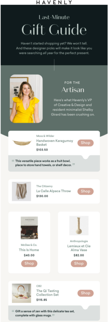 E-mail di guida ai regali per le vacanze last minute di Havenly