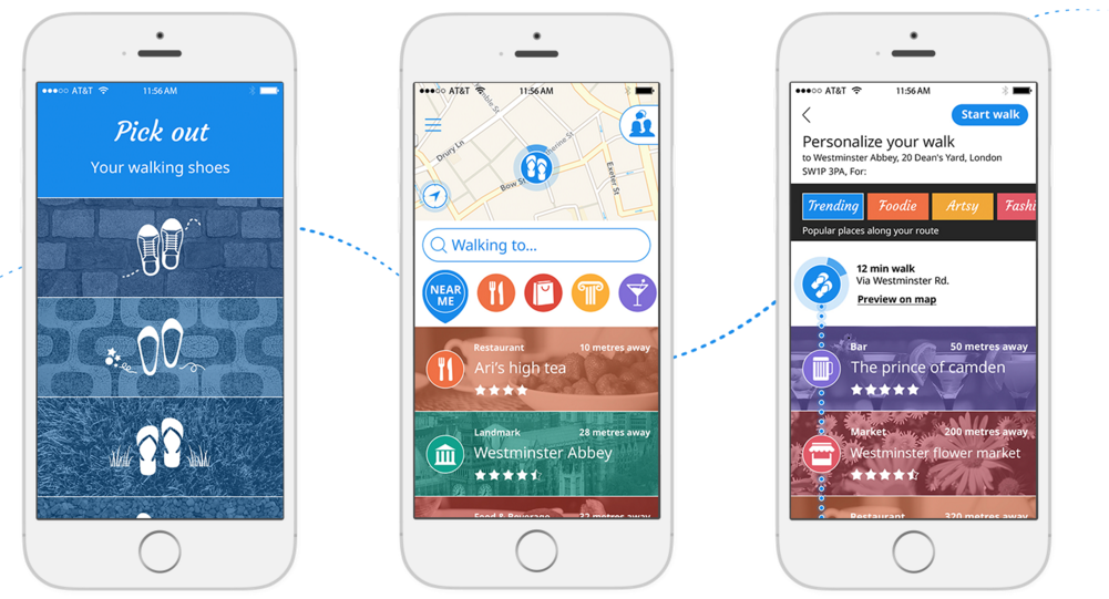 一系列三款智能手机在其屏幕上显示 Sidekix 应用程序的不同部分。第一个有三双鞋，上面写着“挑选你的步行鞋”。下一个屏幕显示一双人字拖穿过街道地图，下方有一系列图标显示不同类型的位置 - 餐厅、购物、酒吧。它列出了附近的两个地点：Ari's high tea，一家四星级餐厅，和 Westminster Abbey，一家四星级半星级地标。最后一个屏幕上写着“个性化您的威斯敏斯特教堂步行”，其中包含一系列沿途可能遇到的地点选项。