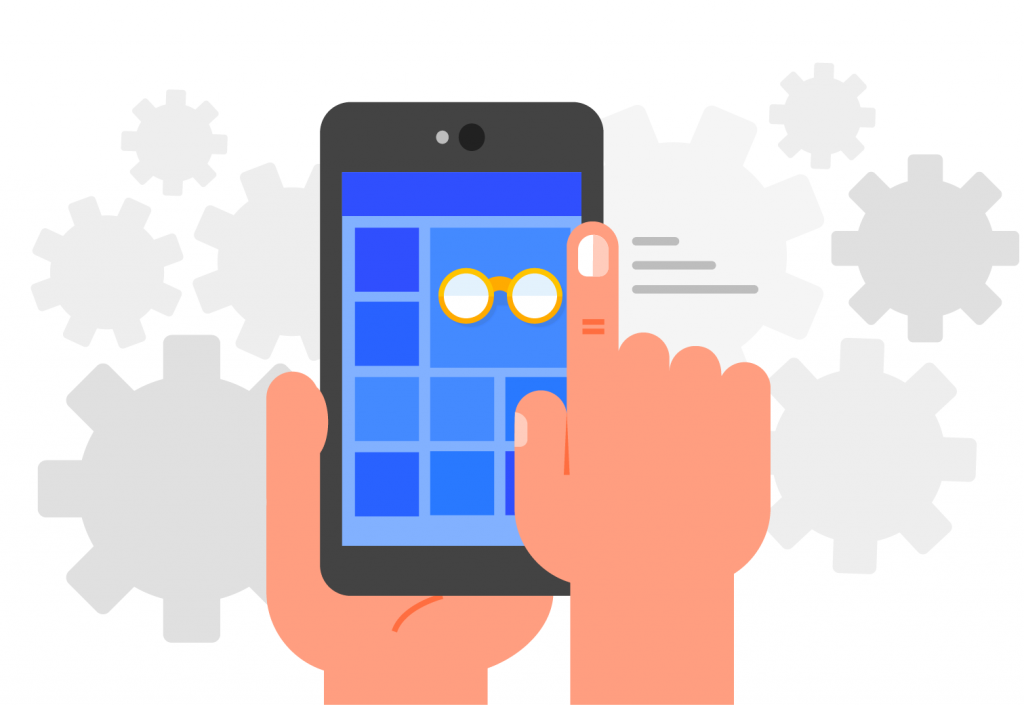 片方の指で画面上のアイコンをタップして、携帯電話を持っている一対の手のベクトルグラフィック。