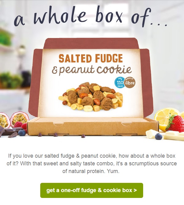 Un e-mail Graze care face reclamă pentru o cutie întreagă de gustări cu caramele sărate și prăjituri cu arahide, care urmează să fie comandate ca o singură dată.