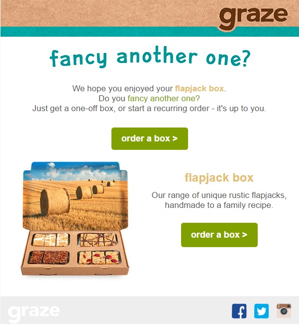 Un e-mail Graze care invită un client să comande o altă cutie de flapjack. Scrie: „Sperăm că ți-a plăcut cutia ta cu flapjack. Îți place încă una? Doar să iei o cutie unică sau să începi o comandă recurentă – depinde de tine”.