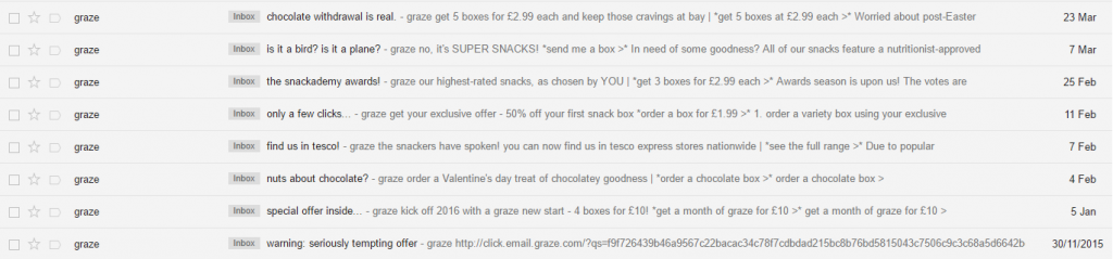 O captură de ecran a unei căsuțe de e-mail care conține o serie de e-mailuri de la Graze, cu subiecte precum „retragerea de ciocolată este reală”, „premiile snackademy!” și „avertisment: ofertă serios tentantă”