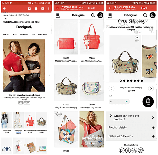 Screenshot per dispositivi mobili della campagna e-mail degli abbonati Desigual per gli accessori, la pagina di destinazione e la pagina del prodotto per una borsa.