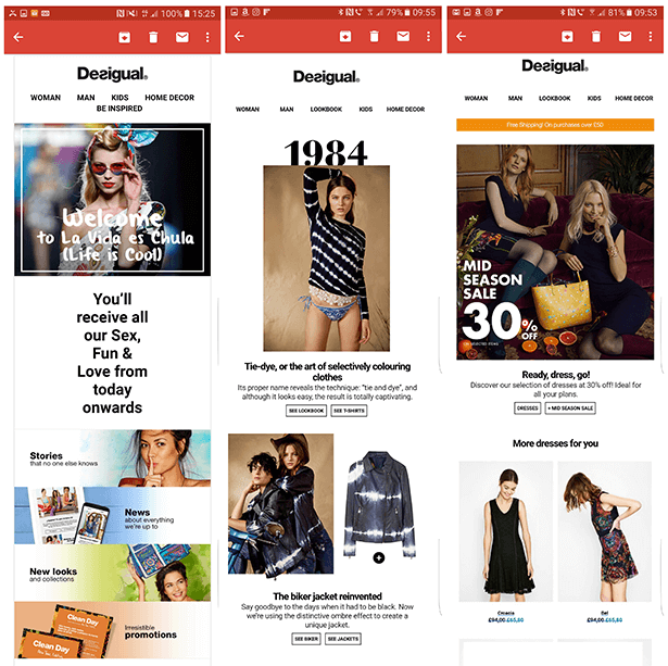 L'immagine mostra tre schermate mobili dell'introduzione all'e-mail dell'abbonato e due campagne recenti.