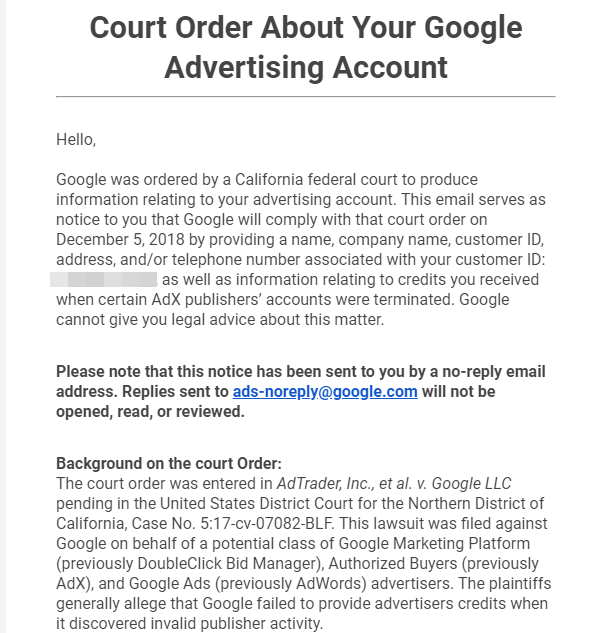 e-mail de l'annonceur de poursuites google