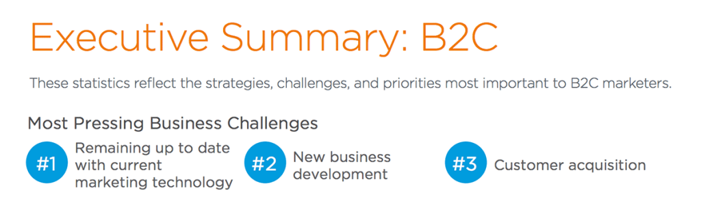 البقاء على اطلاع دائم بتكنولوجيا التسويق الحالية هو التحدي التجاري الأول الأكثر إلحاحًا لمسوقي B2C وفقًا لتقرير حالة التسويق لعام 2015 الصادر عن Salesforce