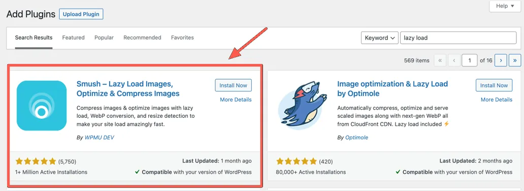 Localiser et installer le plugin Smush