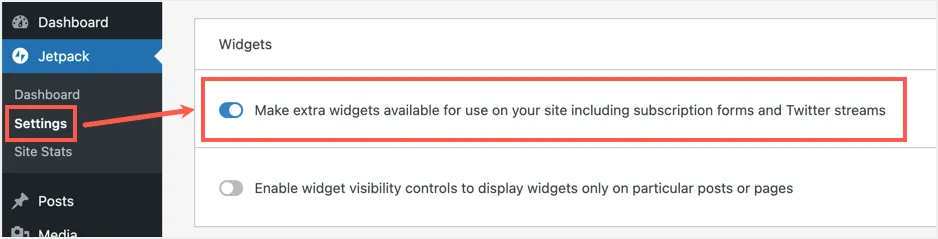 Jetpackで追加のウィジェットを有効にする