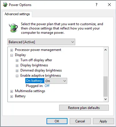 Włączanie adaptacyjnej jasności w opcjach zasilania
