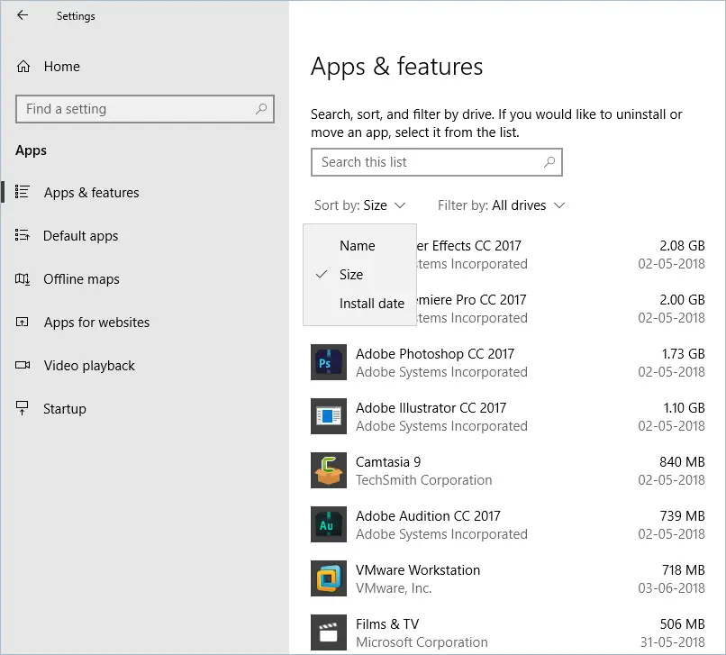 應用程序大小過濾器