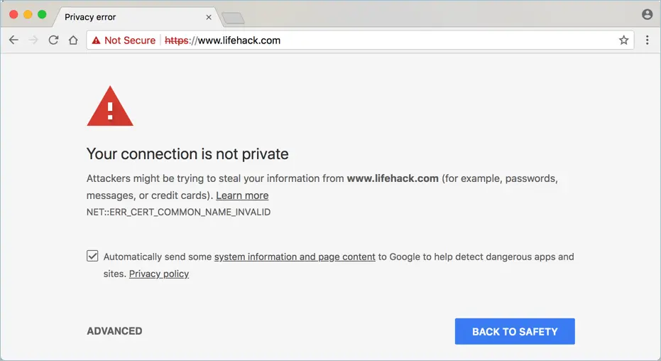 Eroare de conexiune privată nesecurizată