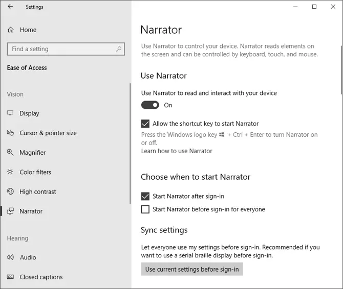 Activarea Opțiunilor Naratorului